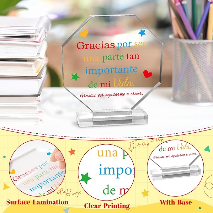 Yopyame Spanish Teacher Appreciation Gift - Regalos para Maestra Acrylic Plaque Octagonal Shape Acrylic Sign for Teacher’s Day Best Gift Keepsake Paperweights Gift for Teacher Birthday Gift in Spanish