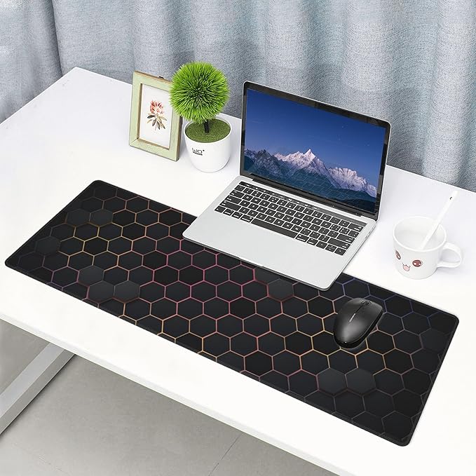 Hexagon Honeycomb Colorful Large Mouse Pad, Gaming Desk Mat, XL Extended Keyboard Desk Pad, 31.5"x11.8" Non-Slip Rubber Base Big Mousepad with Stitched Edges for Home and Office
