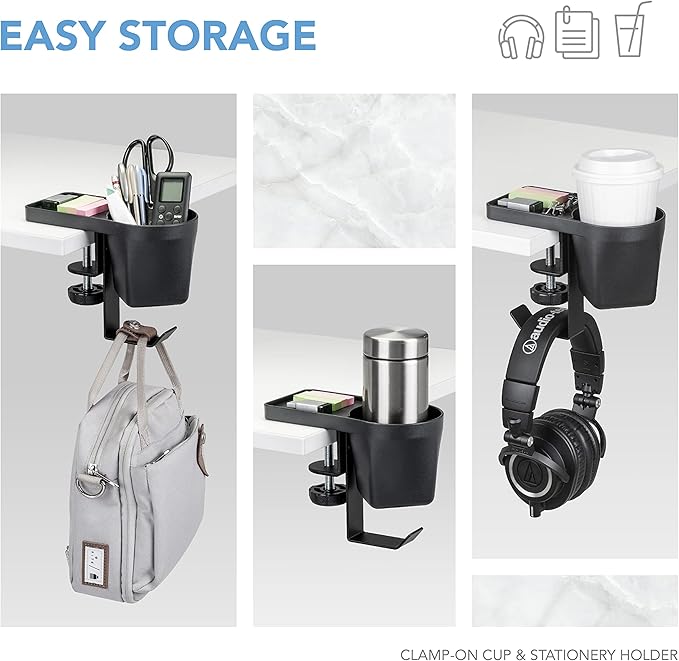 EHO Clamp-On Desk Pen and Cup Holder, 3-in-1 Stationery Organizer with Pencil and Accessory Storage, Reversible Hanging Hook, Space-Saving Desk Clamp Organizer, TAA-Compliant