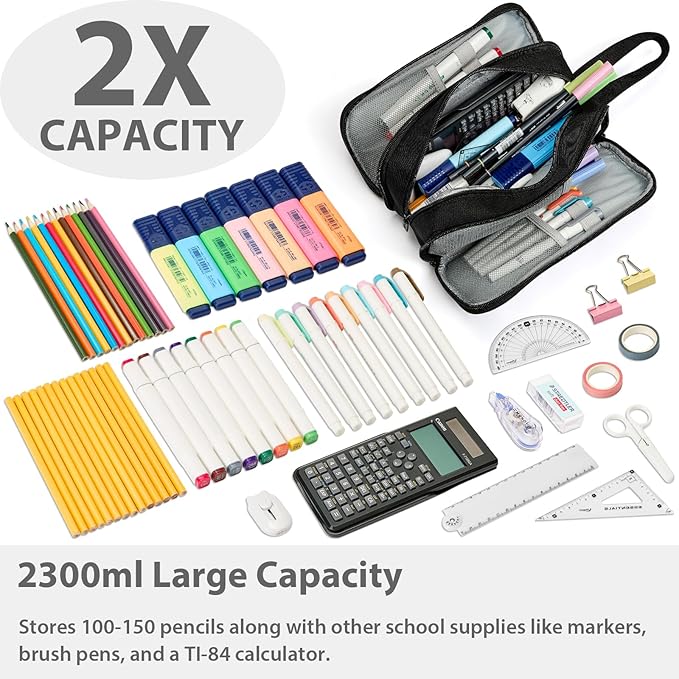 Pencil Case Pouch Box Bag School Supplies Girls Boys Kids, Cute Preppy Stuff Big Capacity Aesthetic Pen Organizer, Back to College Stationary, Black, Extra Large Style, 2300ml