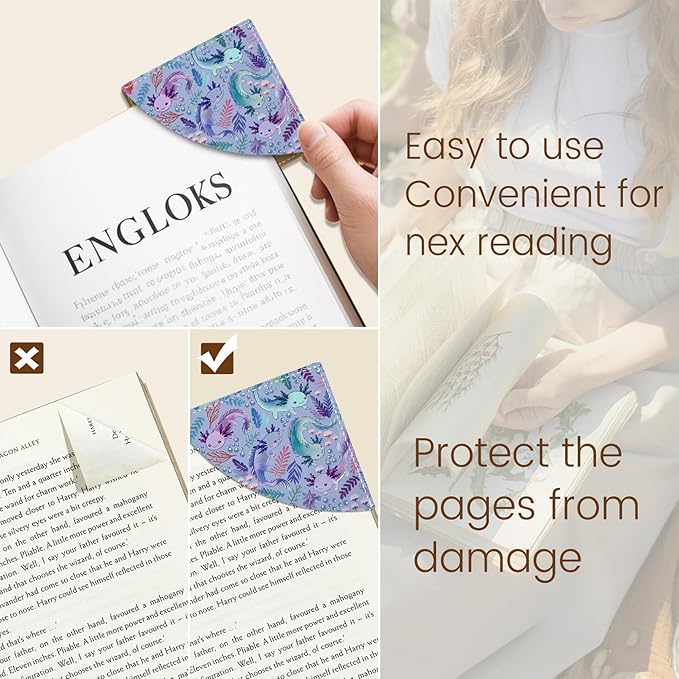 Axolotls Corner Bookmarks, Cute Leather Book Accessories for Book Lovers, 3 Pcs Reading Book Page Markers for Women Men Student Teacher Girls Boys Kids Retirement Birthday Gifts
