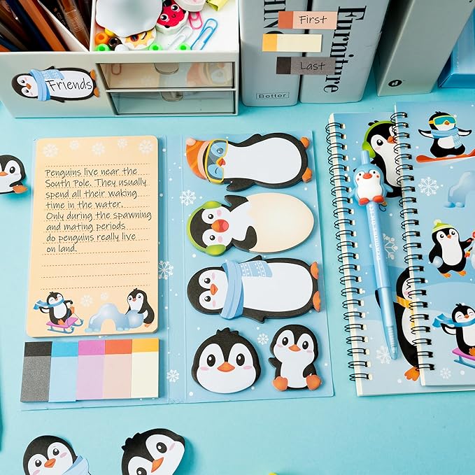 B1ykin 3Pcs Penguin Notebook Sticky Notes Stationery Gift Set, A5 Spiral Notebooks & 550 Sheets Sticky Notes with Silicone Penguin Neutral Pen Kit for Office School Kids Students Birthday Supplies