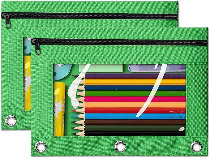 V-Opitos Pencil Pouch for 3 Ring Binder, 2 Pack Green 3-Holes Zipper Pencil Pouches, Sturdy and Durable Cloth Pencil Case with Clear Window for Office School College Supplies