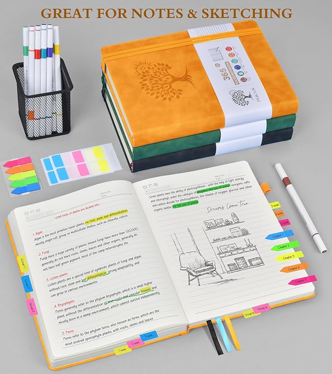 A5 Lined Journal Notebook - 365 Page Leather Journals for Writing Women & Men，Hardcover Notebook with 100Gsm Thick Pages，Daily Diary for Travel, Work，School，Note Taking，College Ruled (5.9" x 8.5")