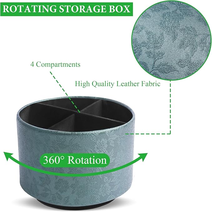 lizimandu Round Leather Art Supply Organizer,Remote Control Holder,360 Degree Spinning,Multi-Functional Pencil Holder,4 Compartments Desktop Stationary Organizer(1-Liuli Green)