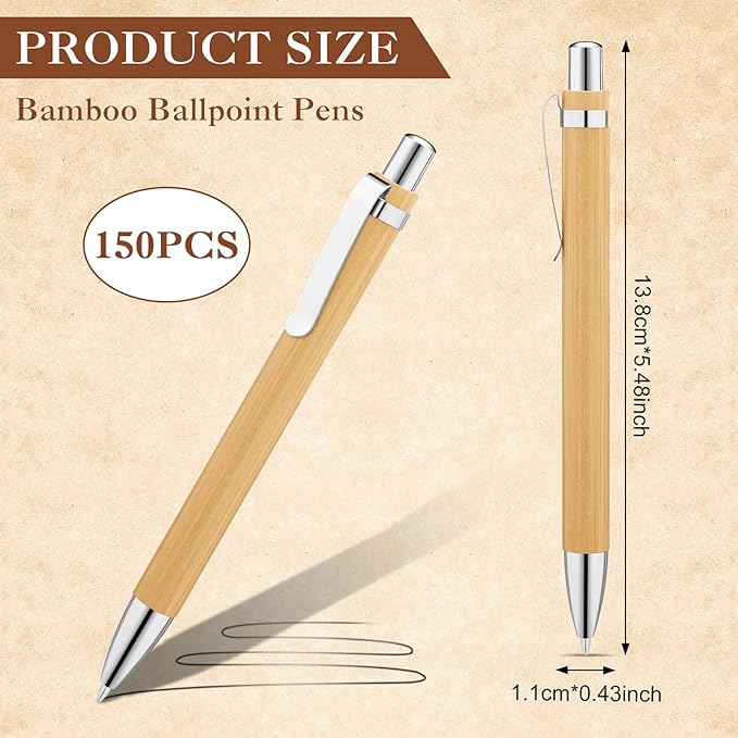 SATINIOR 150 Pcs Bamboo Ballpoint Pens Wooden Retractable Ballpoint Pen Bamboo Black Ink 1mm Pen Wood Sustainable Pens for Men Women Employee Writing Signature Journaling Home Office School