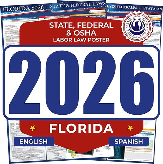 2026 Florida State and Federal Labor Law Poster - English Spanish Combo - OSHA Workplace Compliant - Mandatory Regulations Posting for Employees - All in One Required Compliance Posting 17" x 40" Laminated (English & Spanish Combo)