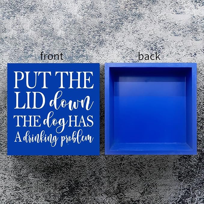 Funny Blue Square Box Sign - Bedroom Bathroom Dining Room Farmhouse Coffee Bar Tabletop Bookshelf Wall Decor - Wooden Box Sign with Toilet Humor Quotes for Home