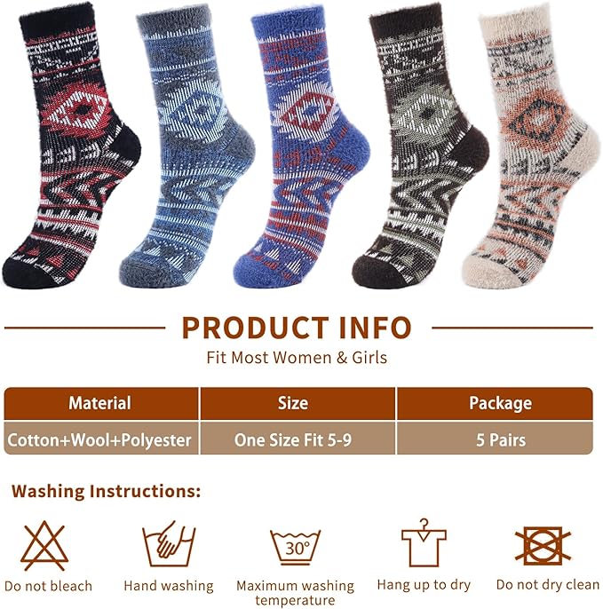 ICEIVY 5 Pair Fuzzy Cozy Socks for Women - Warm Comfy Soft Casual Home Sleep Winter Wool Socks - Gifts for Women