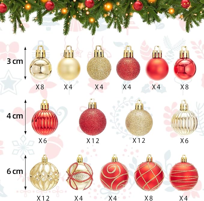 100Pcs Elegant Christmas Ball Set Christmas Tree Ornaments with Glitter and Patterns Bulk Ornaments for Tree as Festive Christmas Decor Xmas Ball Set Red Gold