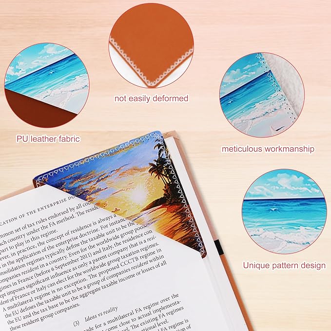 4 Pieces Leather Bookmarks, Cute Book Accessories for Reading Lovers, Page Markers for Women Men Kids Students Teachers Retirement Birthday Gift (Beach)
