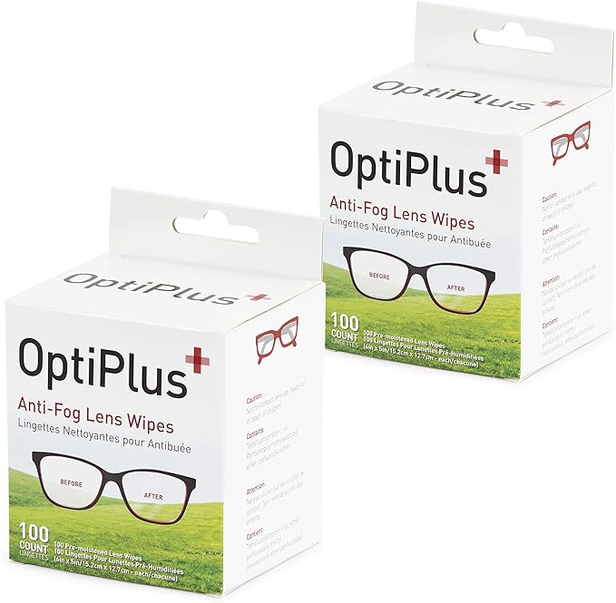 OptiPlus Anti Fog Lens Wipes l Pre-Moistened l Cleaning Wipes for Glasses, Laptops Screens, Smart Phones, Optical Lens, Goggles, and Watch Screen l Quick-Dry & Scratch-Free l Two Pack of 100 Pack