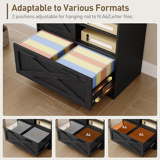 File Cabinet with Charging Station, Vertical Filing Cabinet with Shelves, Black File Cabinet for Home Office, Printer Stand with Open Storage Shelves & Barn Doors, Fits A4/Letter Files