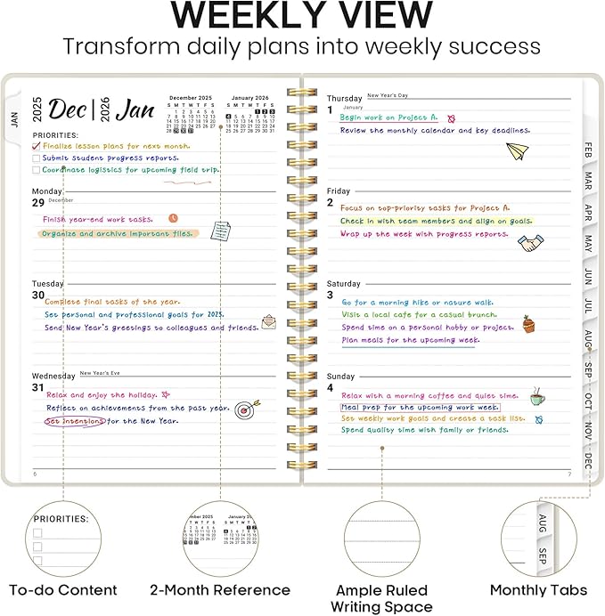 2026 Planner, Weekly and Monthly Calendar Planner Book, January 2026 - December 2026, Hardcover Spiral Planner with Monthly Tabs, Notes Pages, Perfect for Women & Men, A5 (6.4" x 8.5") - Beige