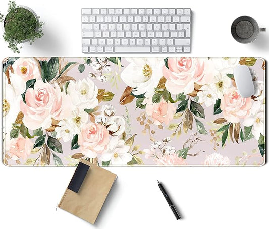 Pink Flowers Keyboard Pad PC Gaming Desk Mat Desk Mouse Pads Green Leaves Floral Mouse Pad Large, Computer XL Big Mousepad Deskpad Mat with Stitched Edge for Women Home Office Decor 31.5x11.8 in