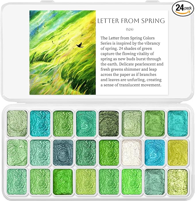 Mini Glitter Watercolor Paint Set with Paper, 24 Colors Shimmer Metallic Watercolour Painting Sets, Solid Pearl Water Color Paints for Adult, Kids, Green 1ml Trial Pack(Letter from Spring)