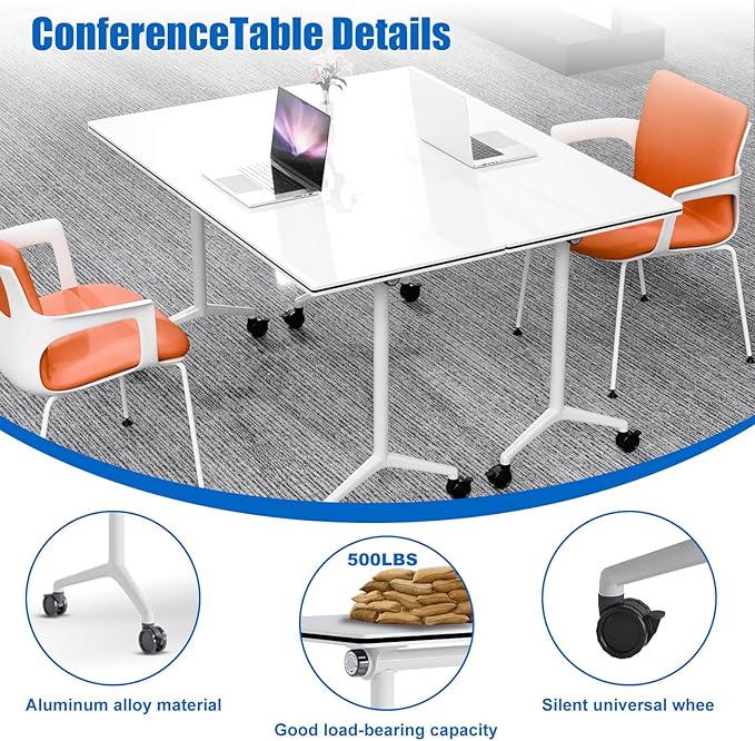 Conference Table, Folding Conference Desk Modern White, Seminar Table with Wheels, 2-10 People for Office, Meeting Break Room(4, 1915, 61IN)