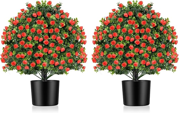 Goplus 21.5’’ Artificial Rose Topiary Ball Tree, Set of 2 Faux Potted Plants Artificial Shrubs Bushes with Flowers, Fake Evergreen Artificial Topiary for Indoor Outdoor Home Front Porch Decor