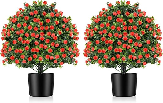 Goplus 21.5’’ Artificial Rose Topiary Ball Tree, Set of 2 Faux Potted Plants Artificial Shrubs Bushes with Flowers, Fake Evergreen Artificial Topiary for Indoor Outdoor Home Front Porch Decor