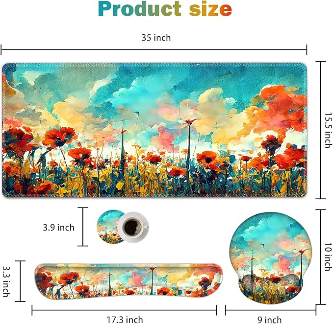 ARTSO Desk Mat, Large Gaming Mouse Pad Wrist Support Set, Ergonomic Keyboard Wrist Rest Desk Pad with Coaster Combo, Extended Mousepad with Non-Slip for Home Office, Oil Painting Flowers Plants