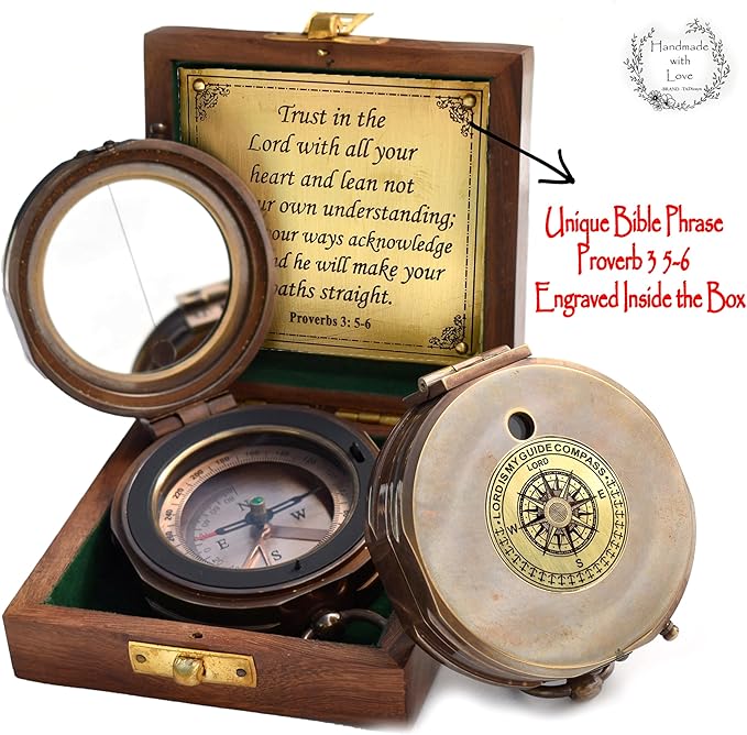 Trust in The Lord With All Your Heart - Proverbs 3:5-6 Quote Engraved Compass With Wooden Box, Greeting Card, Gift Compass, Graduation Day Gifts 2024 for Women Men Boys Girls