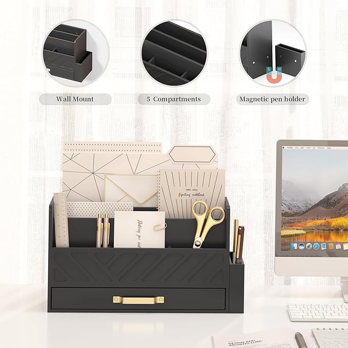 Bamboo Desk Organizer Mail Holder Countertop Wood Desk Drawer Tabletop Storage Box Pen Holder Letter Sorter Makeup Organizer for School Home Office Supplies with Pen Holder Black