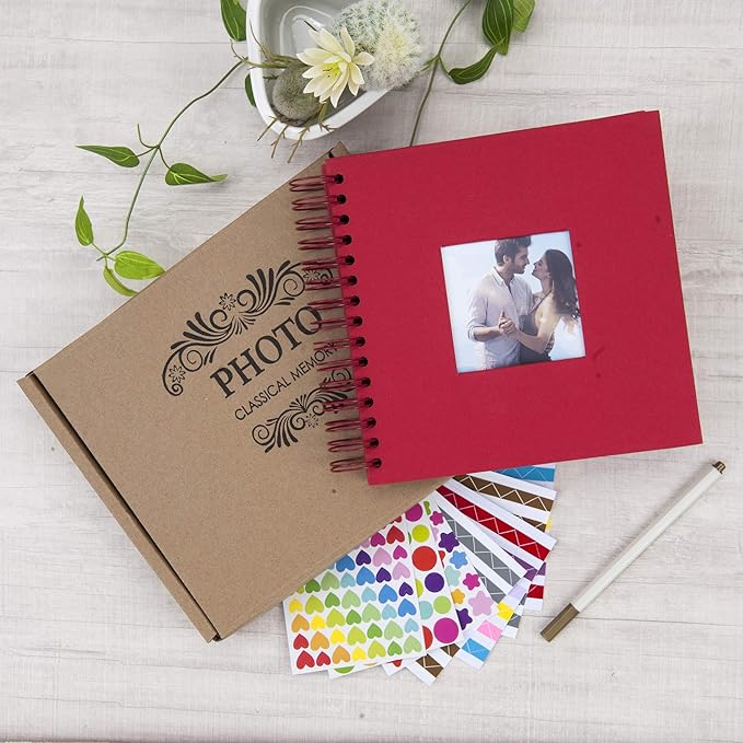 8 x 8 Inch Small DIY Scrapbook Photo Album with Window Design Cover 80 Pages Craft Paper Memory Book for Weeding Family Travel and Baby (Red)