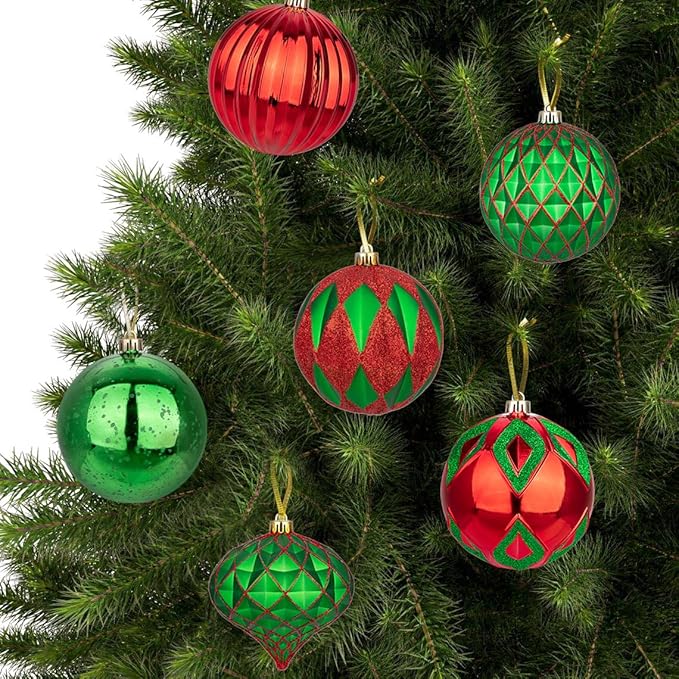 Hollyone 4 Inch Red & Green Christmas Ornaments - 12 Pcs Shatterproof Balls for Xmas Tree Decor & Holiday Party Wreath (Red & Green, 100mm)