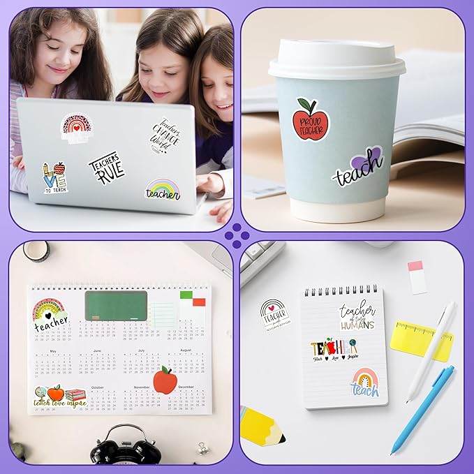 Xqumoi 3 Pack Teacher Sticky Notes with Pen Stickers Stationery Set Black Gel Ballpoint Pens Teacher Self-Stick Notes Pads Rainbow Apple Vinyl Stickers Back to School Office Supplies Gift with Box