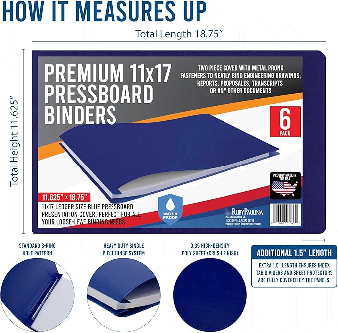 11x17 Report Cover Pressboard Binder Poly Panels Includes Fold-Over Metal Fasteners Blue Package of 6