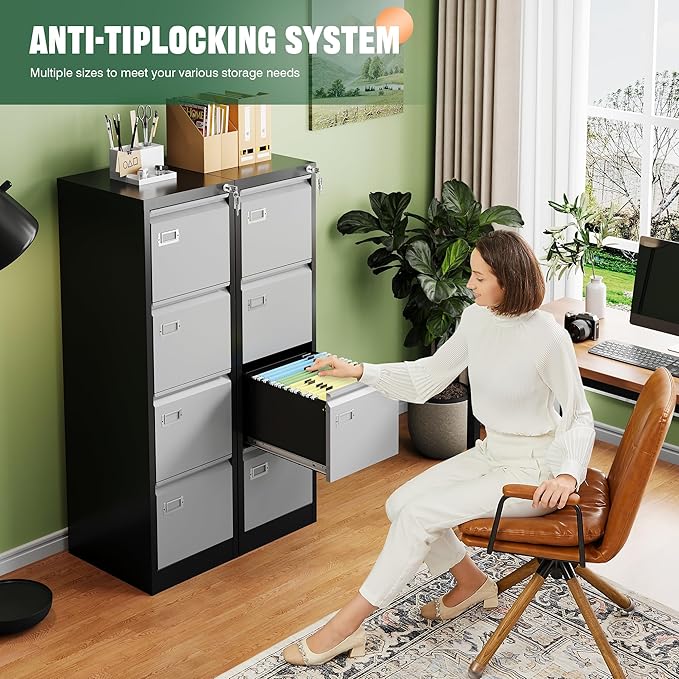 Letaya 4 Drawer File Cabinet with Lock,Metal Office Filing Cabinets for Home Office- Storage A4/F4/Letter/Legal -Assembly Required (Black Grey)