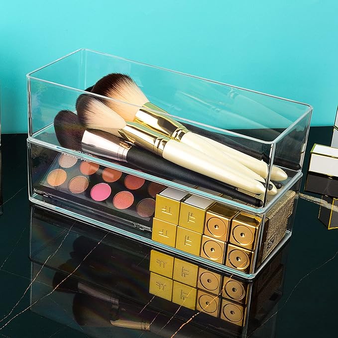 JessLab Acrylic Organizer, 2PK Cube Sections Makeup Organizer for Drawer, Makeup Organizer for Vanity, Countertop, Bathroom, Kitchen and Cabinet Storage(1+1 Compartment)