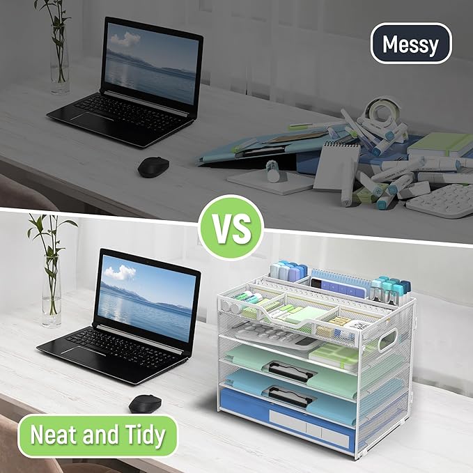 Docnest 5 Tier Mesh Desk Organizer- Letter Tray with Adjustable Compartments, Mesh Desktop Storage Built in Pen Holder and Handles, Desk Organizer Tray for Mail Documents Office Supplies–White