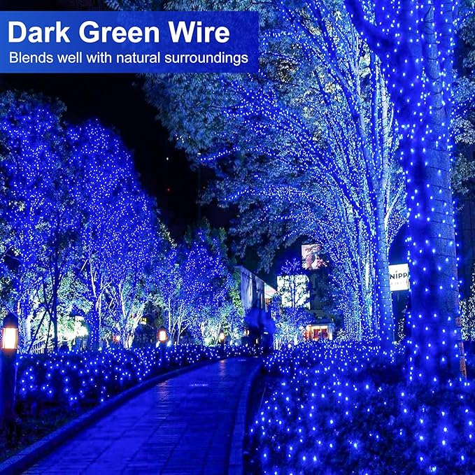 100FT 300 LED Christmas Lights Outdoor, Blue Christmas Tree Lights with 8 Modes Waterproof, Plug in Green Wire String Twinkle Light for Indoor Xmas House Patio Yard Holiday Decorations
