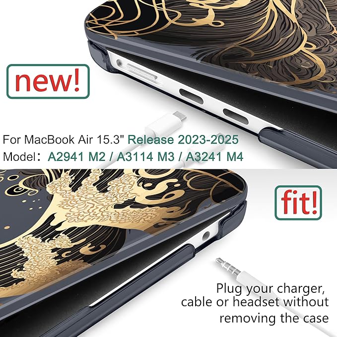 DONGKE Compatible with M4 MacBook Air 15 inch Case 2025 2024 2023 A3241 A3114 A2941 M3 M2 Liquid Retina Display Touch ID, Plastic Hard Case & Keyboard Skin & Screen Protector - Sea Waves