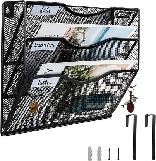 Wall File Organizer, 3 Tire Hanging File Folder Mail Organizer, Vertical Mesh Metal Door/Wall Mount Hanging File Holder, Paper Document Magazine Rack with Hooks for Home Office Black