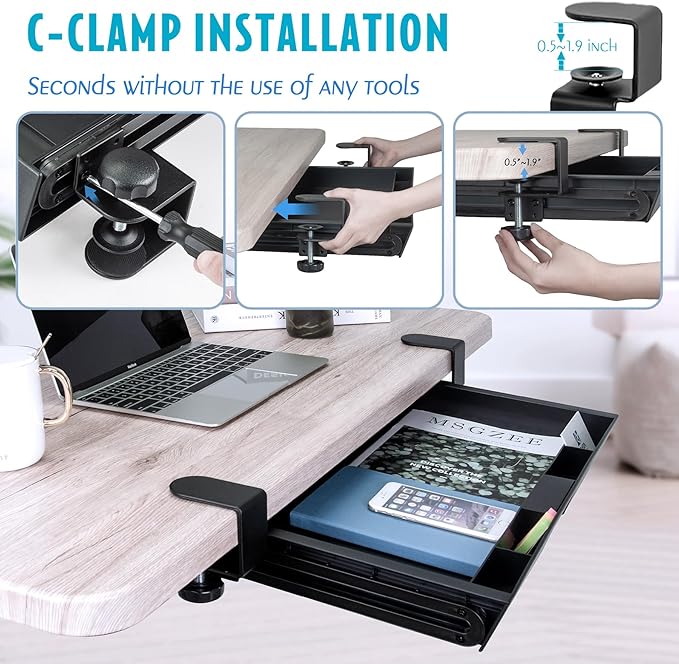 EHO Under Desk Slide-Out Storage Drawer, Large 20" x 11.8" Clamp-On Pull-Out Organizer with Adjustable Height, Space-Saving Tray for Office Supplies and Accessories, TAA-Compliant