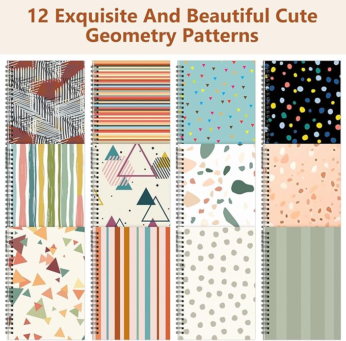 Fuutreo 12 Pcs Spiral Notebook for Work A5 8.3 x 5.7 Inch College Ruled Spiral Journal Notebook Kraft Cover Ruled Paper, 12 Color, 60 Sheets, 120 Pages for Office School(Retro Geometry)