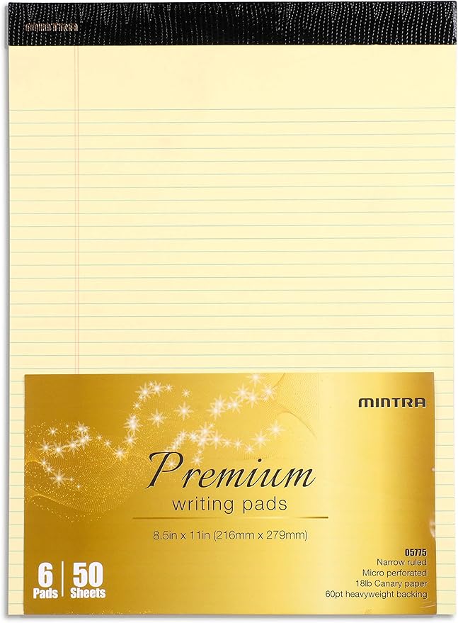 Mintra Office Legal Pads, ((xPremium, 8.5in x 11in, Narrow (Canary), 36pk (6-6pks)), Narrow Ruled, 50 Sheets per Notepad, Micro perforated Writing Pad, Notebook Paper for School, College, Office, Work