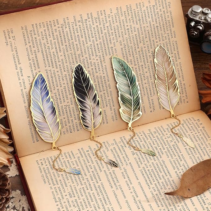 4pcs Metal Feather Bookmarks with Pendant Elegant Bookmark Set for Book Lovers, Writers, Readers Durable Book Markers with English Inscriptions Unique Gifts for Men, Women