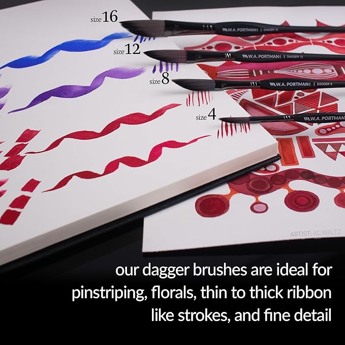 WA Portman Dagger Watercolor Paint Brushes Professional 4pc Set - 100% Vegan, Cruelty-Free Dagger Watercolor Brushes Professional - Acrylic Paint Brush Set with Triangular Comfort Grip