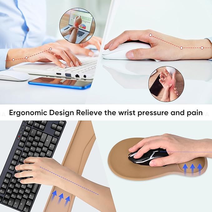 Wrist Rest Support for Mouse Pad Keyboard Set Circle Coaster Gaming Mouse Pad Ergonomic Gel Memory Foam Set for Computer, Laptop, Office, Pain Relief, Comfortably Typing Brown KM-32