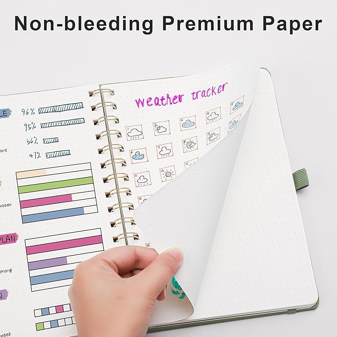 RETTACY Bullet Dotted Journal Notebook, 140 Pages, A5 Medium Size (5.7'' x 8.3''), Hardcover, 100 GSM Thick Paper, for Bullet Journaling, Planning, Tracking (Light Green)