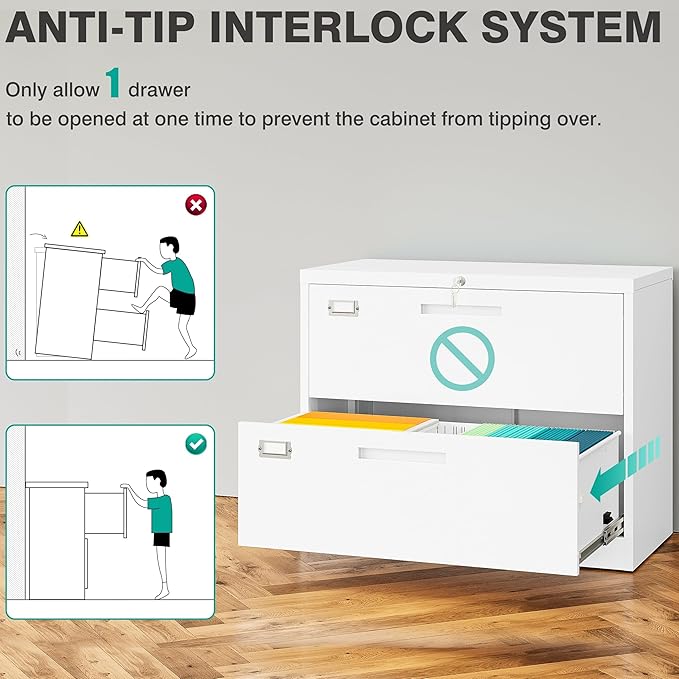 SISESOL 2 Drawer Lateral File Cabinet with Lock,White Lateral Filing Cabinet,Horizontal Metal Filing Cabinets,Locked Wide Two Drawer File Cabinets for Office Home,Fit A4/F4/Letter/Legal File