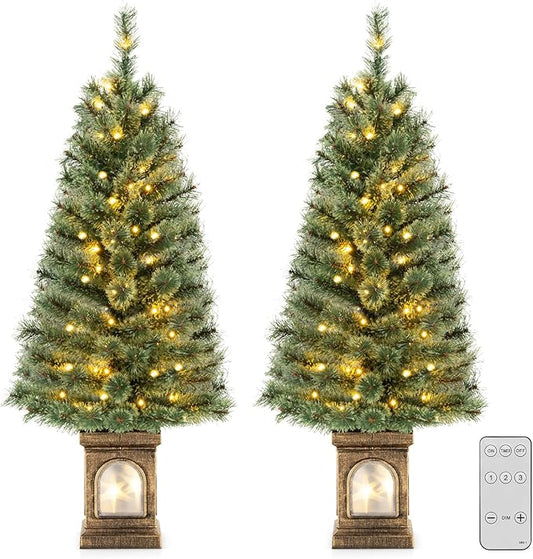 Goplus 4ft Pre-Lit Christmas Tree for Entrances, Set of 2 Artificial Potted Xmas Tree with 100 LED Lights, Timer, 3 Lighting Modes, 116 Branch Tips, Pine Needles, Antique Urn Base, Porch Holiday Decor