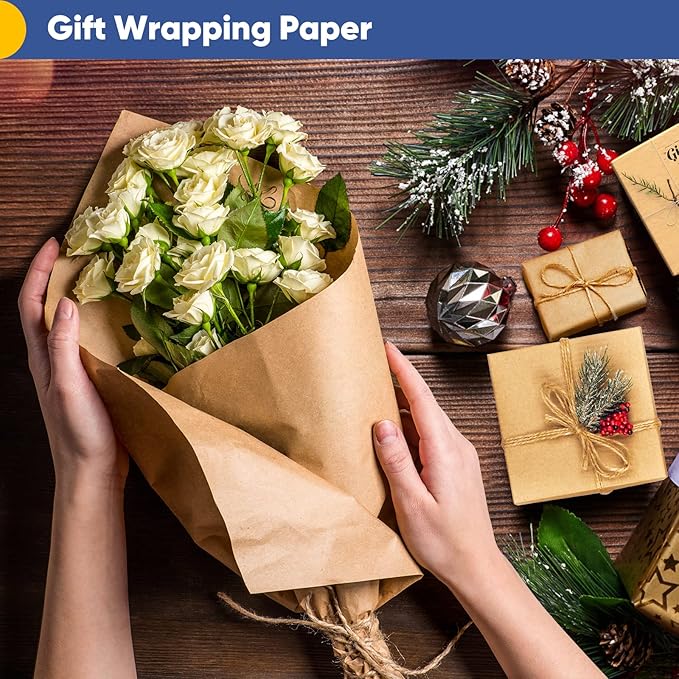 Vanhench Brown Wrapping Paper, Craft Paper, Kraft Paper 17.5"x 1800"(150'), Gift Wrapping Bulletin Board Arts & Crafts, Bouquet Flower Table Covering Poster Packing Shipping Moving Supplies 65GSM 45LB