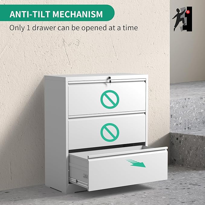 3 Drawer Lateral File Cabinets with Lock,White Metal Lateral Filing Cabinet for Home Office,Wide Steel Storage Cabinet Commercial Drawer Cabinet for Legal/Letter/A4 Size Files