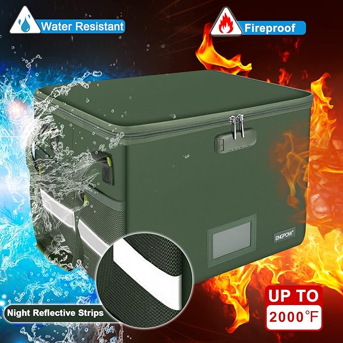 ENGPOW File Box with Lock, Fireproof Document Box with Pockets, Collapsible File Organizer Filing Storage Cabinet with Handle, Portable Home Office Safe for Hanging Letter/Legal Folders,Green,2 Pack
