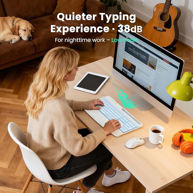 White Keyboard and Mouse Wireless Combo, 4000mAh Rechargeable Backlit Quiet Keyboards mice set, USB Ergonomic Key Board with Wrist Rest & Phone Holder for PC, Mac, Windows, Natural Soft Typing—SABLUTE