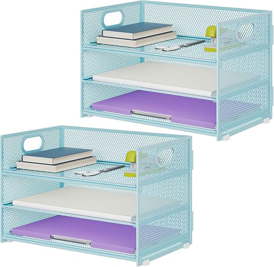 Marbrasse 3 Tier Paper Organizer Letter Tray, Mesh File Organizer with Handle, Paper Sorter Desk Organizer for Home Office Supplies - 2p Blue